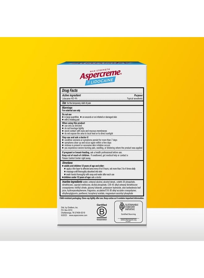 Aspercreme Max Strength Lidocaine Foot Pain Relief Cream, 4 oz., Odor Free Pain Cream - Image 2